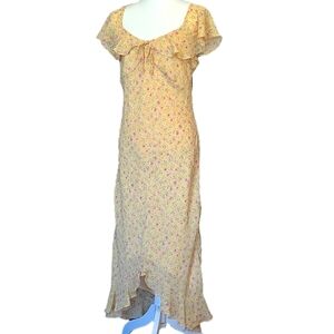Vintage Dress Light Yellow Floral Flutter Sleave Ruffle Trim Long Midi Size 10
